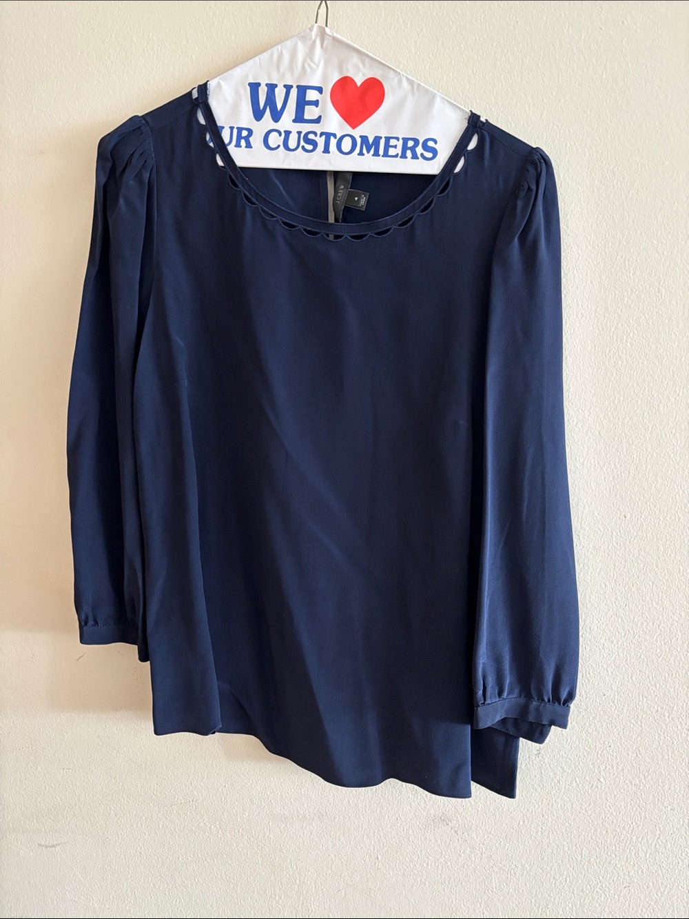 J. Crew Navy Long-Sleeve Scalloped Neck silk Blouse